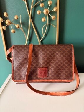 Celine Brown Monogram Messenger Bag with Tan Trim